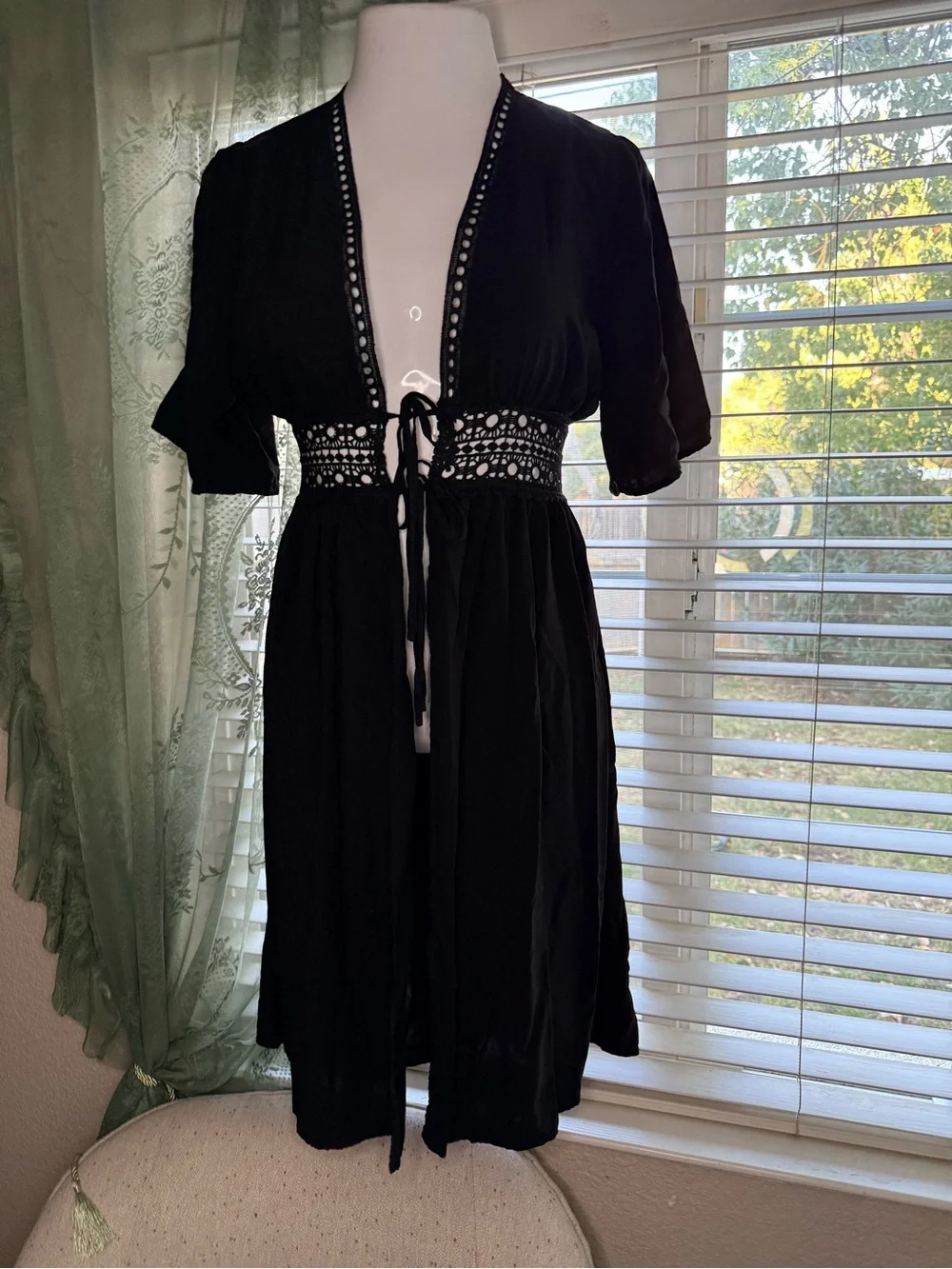 Black Boho Lace-Trim Tie-Front Long Duster Cardigan Maxi Dress